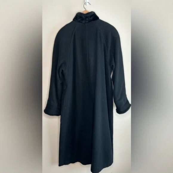 Long Over Coat Premium Virgin Wool Cashmere Faux Fur Collar Black Large Petite - Picture 2 of 9